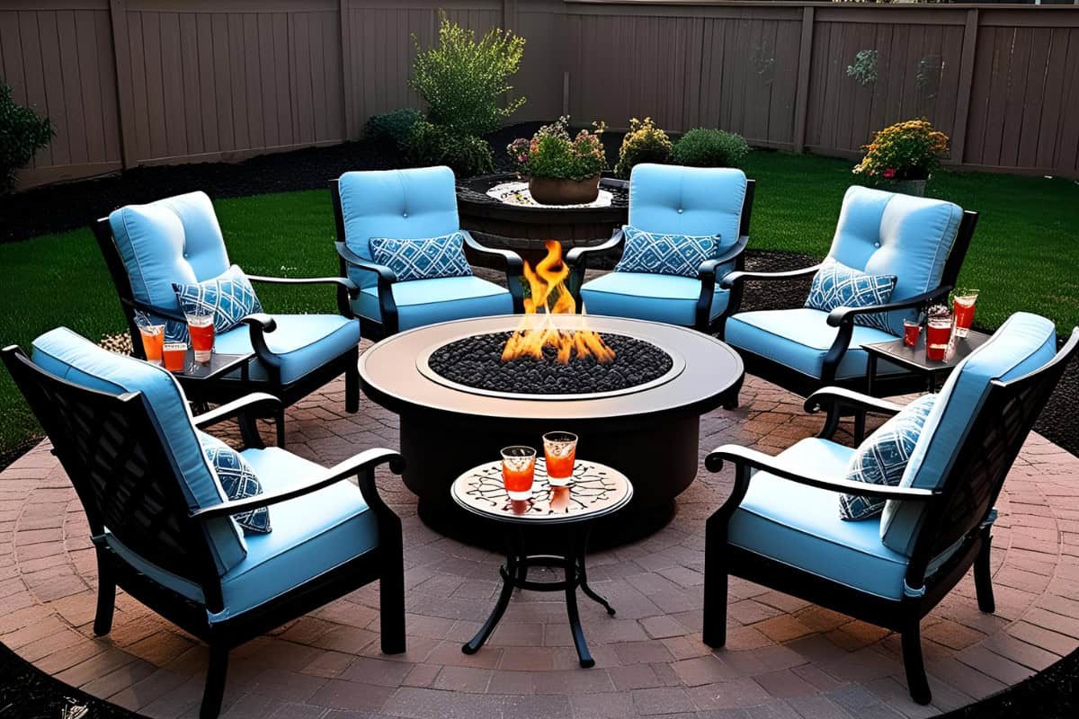 can-i-have-a-fire-pit-in-my-backyard-set-up Image of a ound gas fire pit on a brick patio.