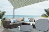 Image of a fire pit and furniture in a coastal scene for a blog post covering how to measure for a fire pit cover.
