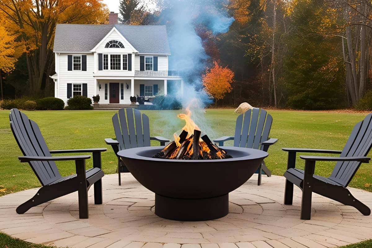 fire-pit-placement-faqs Image of a wood-burning fire pit on a brick surface for a blog post covering proper fire pit placement.