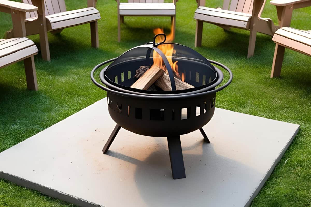 fire-pits-on-grass-faqs Image of a wood burning fire pit surrounded by chairs for an article about fire pits on grass.