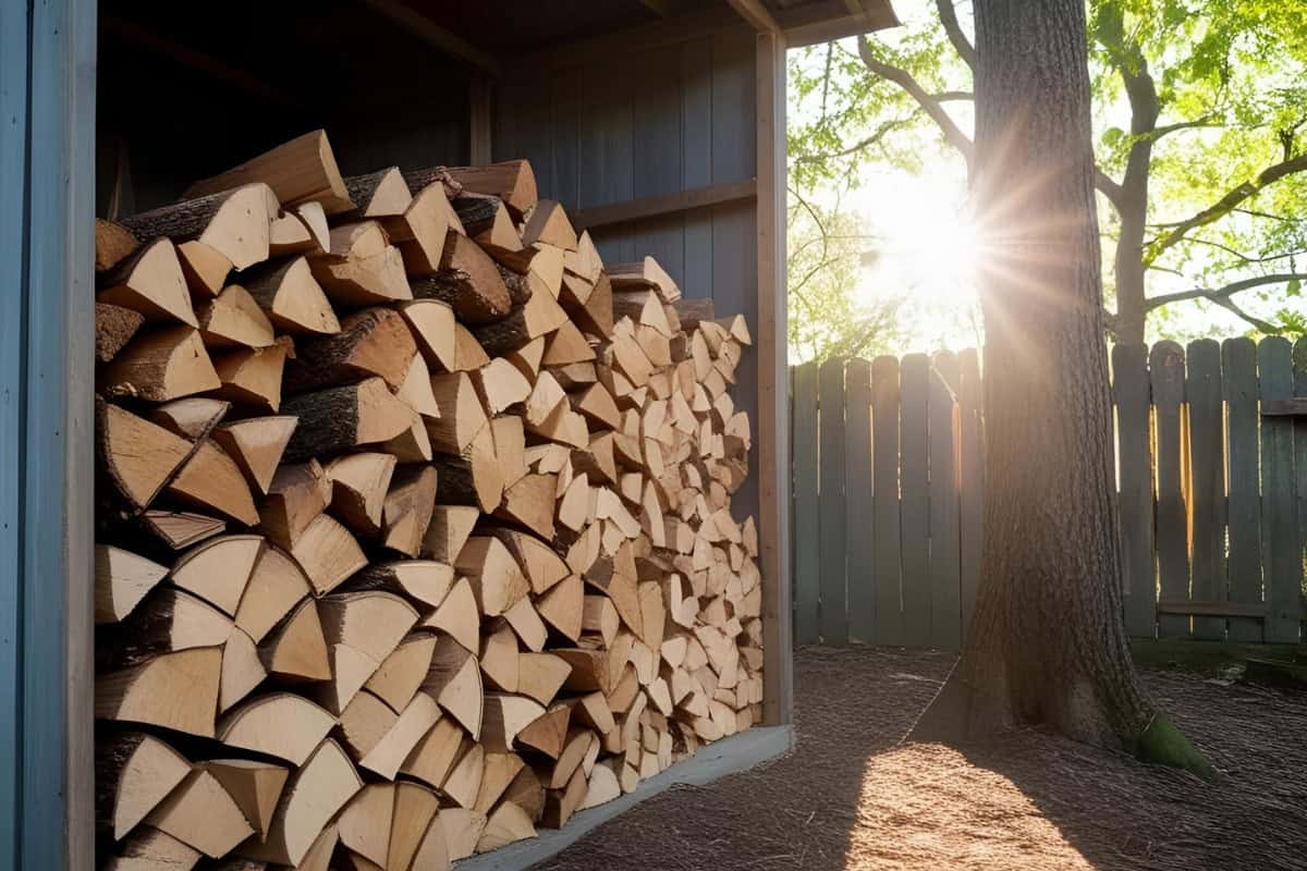 rick-of-firewood-dimensions Image of a rick of firewood in a storage shed.