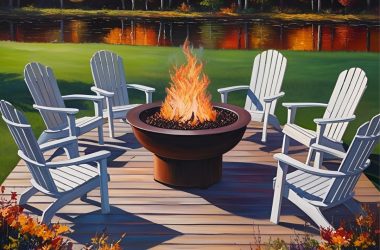 Image of a sketch of a gas fire pit on a wood deck.