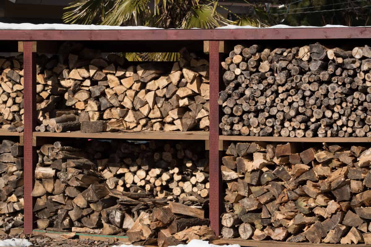 how-to-stack-firewood-indoor-vs-outdoor Image of chopped wood under cover.