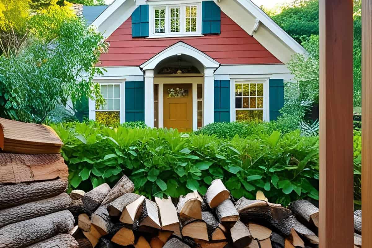 how-to-stack-firewood-location Image of a home with firewood in the foreground.