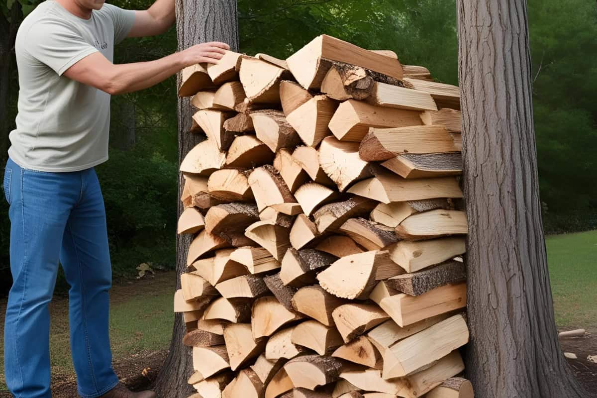 how-to-stack-firewood-safety Image of a man stacking wood.