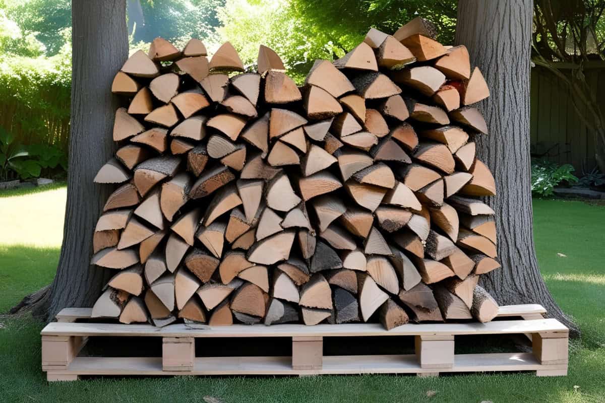 how-to-stack-firewood-stable Image of a stack of firewood between two trees.