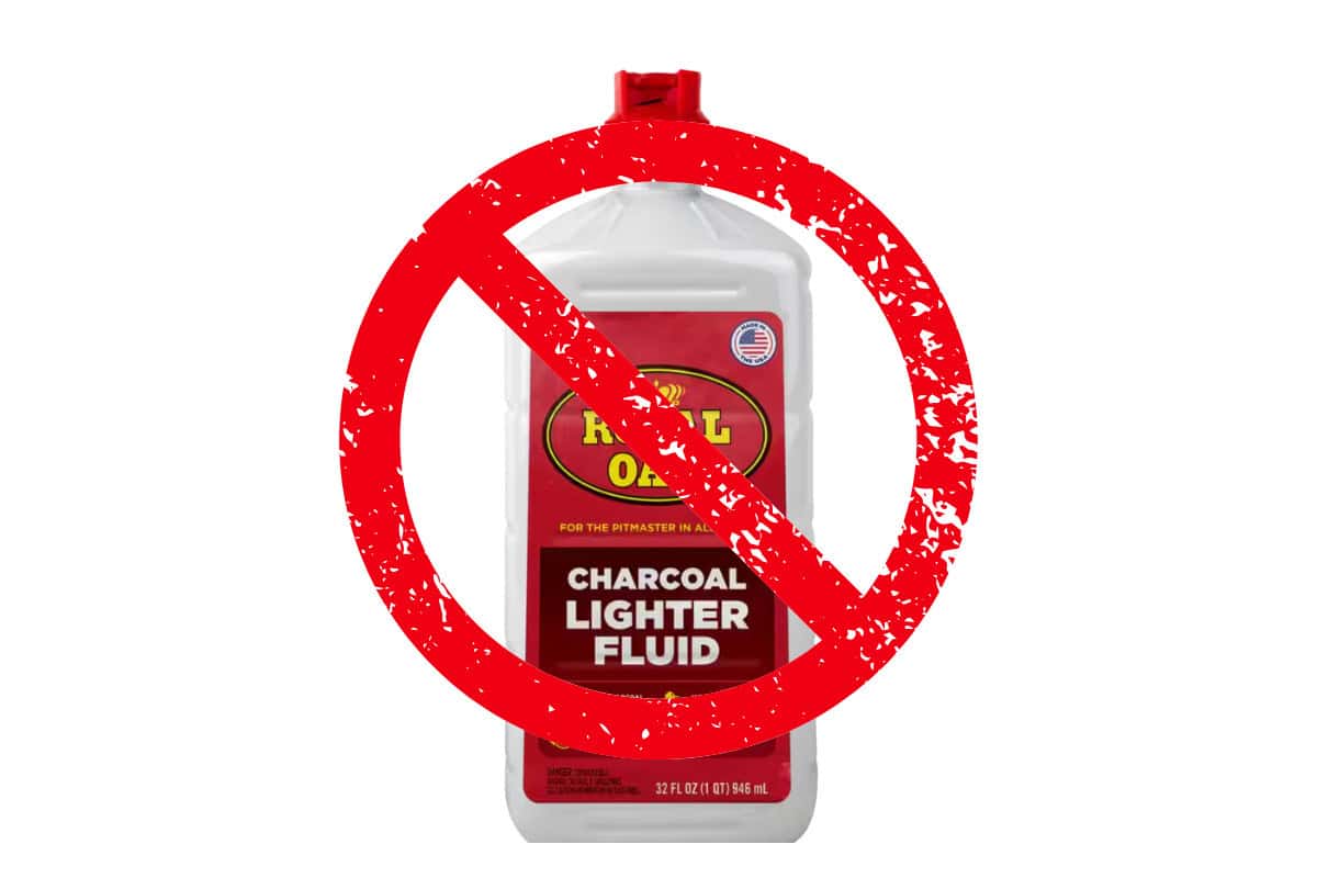 Optimizing Your Smokeless Fire Pit Experience Image of a bottle of lighter fluid with a red slash through it.