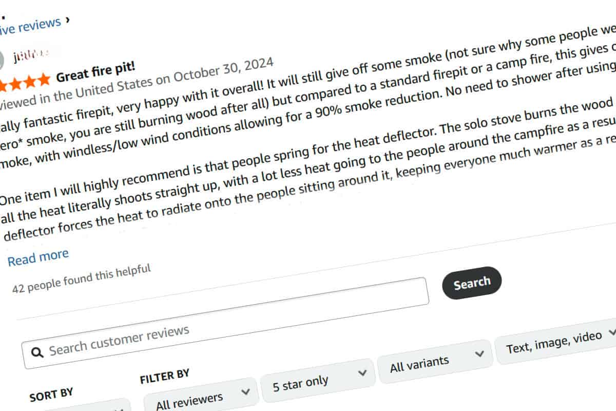 smokeless-fire-pit-advantages-selection Image of a screenshot of a smokeless fire pit review on Amazon.