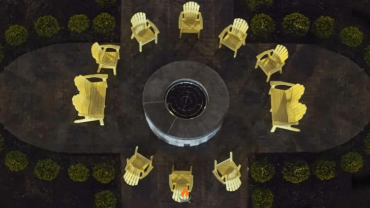 Image of a fire pit ring in a fire pit from high above