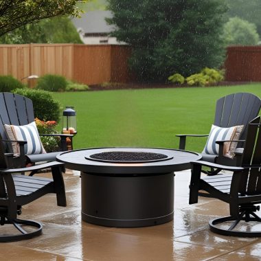 Image of a gas fire pit and chairs on a rainy day for a blog post about gas fire pit covers.