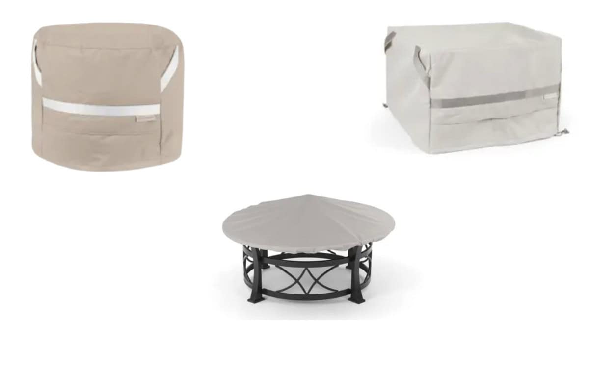 gas-fire-pit-cover-selection Image of three examples of gas fire pit covers.