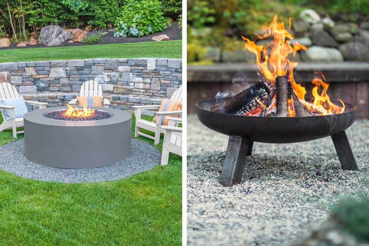 marshmallows-over-a-gas-fire-pit-basics Image of a gas fire pit and a wood-burning fire pit side-by-side in two frames.