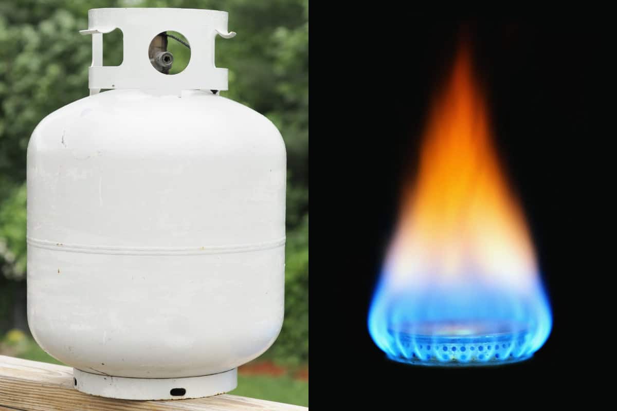 marshmallows-over-a-gas-fire-pit-faqs Image of a propane tank next to a natural gas flame.
