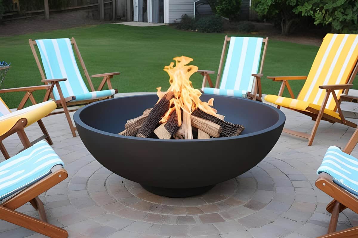 reduce-fire-pit-smoke-faqs Image of a fire pit bowl surrounded by beach chairs for a blog post on how to reduce fire pit smoke.