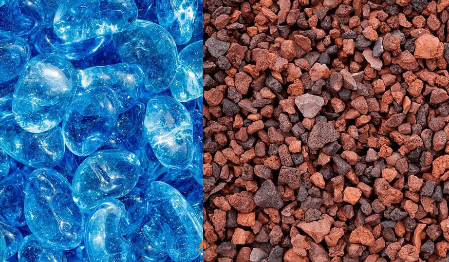 Image of fire pit fireglass and lava rock side-by-side