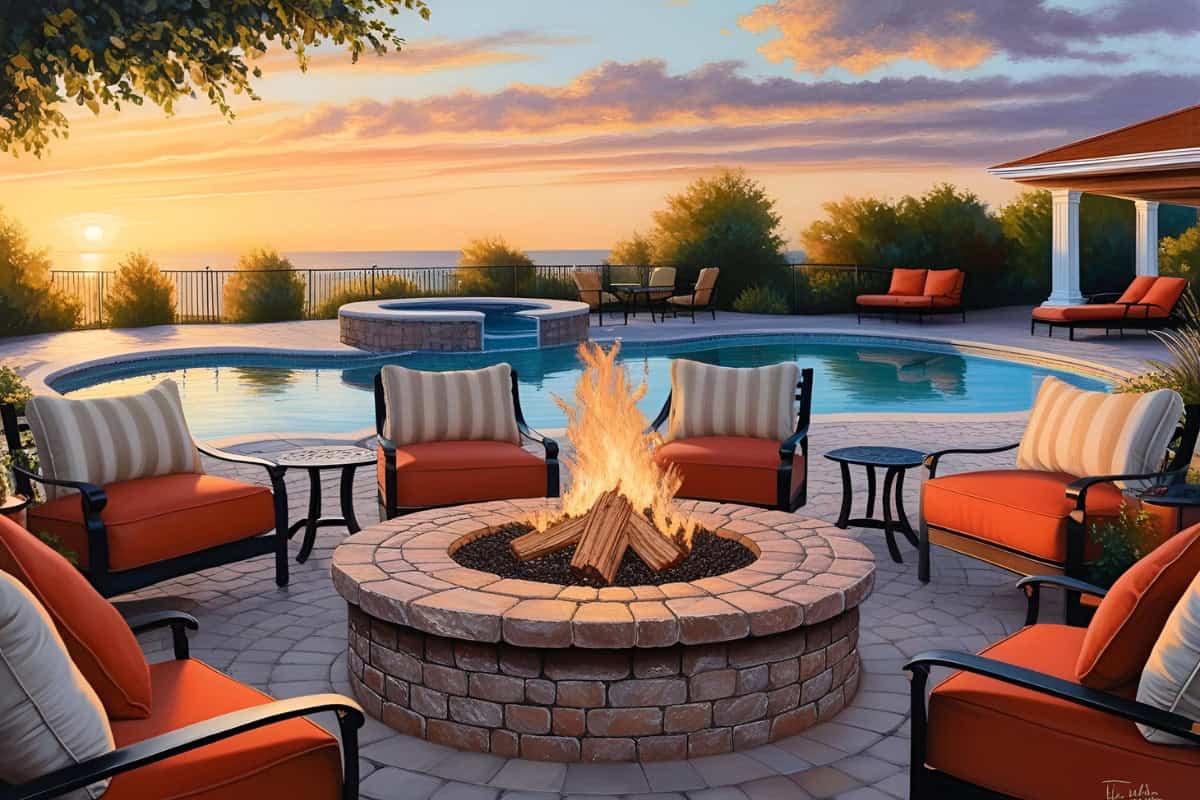 fire-pit-home-value-roi-comparison Image of a sketch of a backyard with a fire pit and pool.