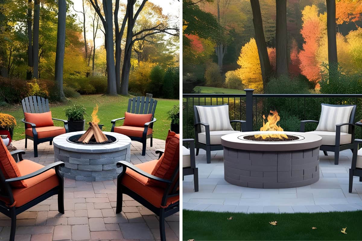 fire-pit-home-value-roi-types Image of a wood-burning fire pit and a gas burning fire pit in two panels.