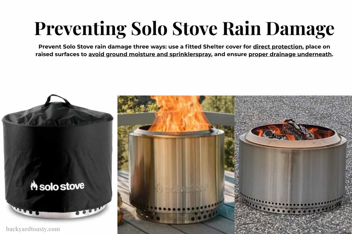solo-stove-got-rained-on-prevention Weatherproof solo stove cover for outdoor fire pits and portable wood burning stoves, including a stainless steel fire pit in use on a deck.