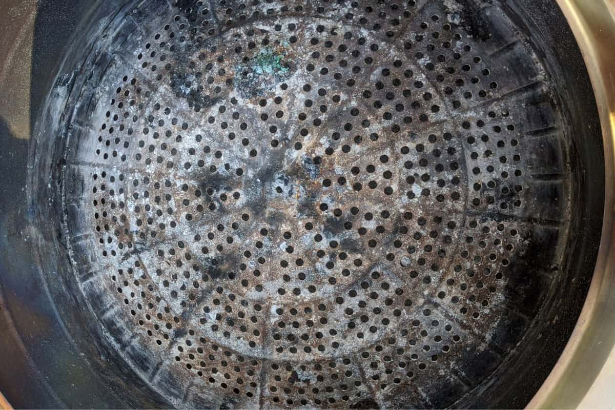 solo-stove-got-rained-on-science Burnt food residue and grease inside an air fryer basket, ready for cleaning.