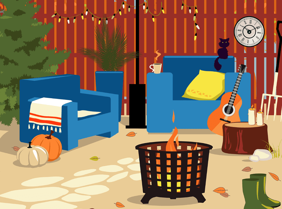 Vector image of a burning backyard fire pit and seating