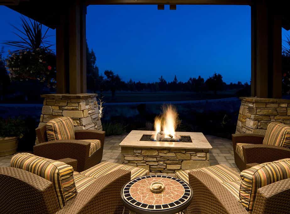 Image of a gas fire pit under a covered patio