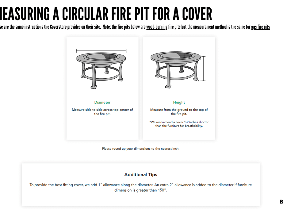 Image of instructions for measuring a circular fire pit for a cover