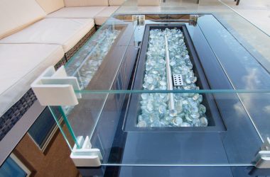 Image of a rectangular gas fire pit for a blog post asking the question "how long does fire pit glass last?"