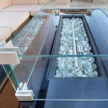 Image of a rectangular gas fire pit for a blog post asking the question "how long does fire pit glass last?"
