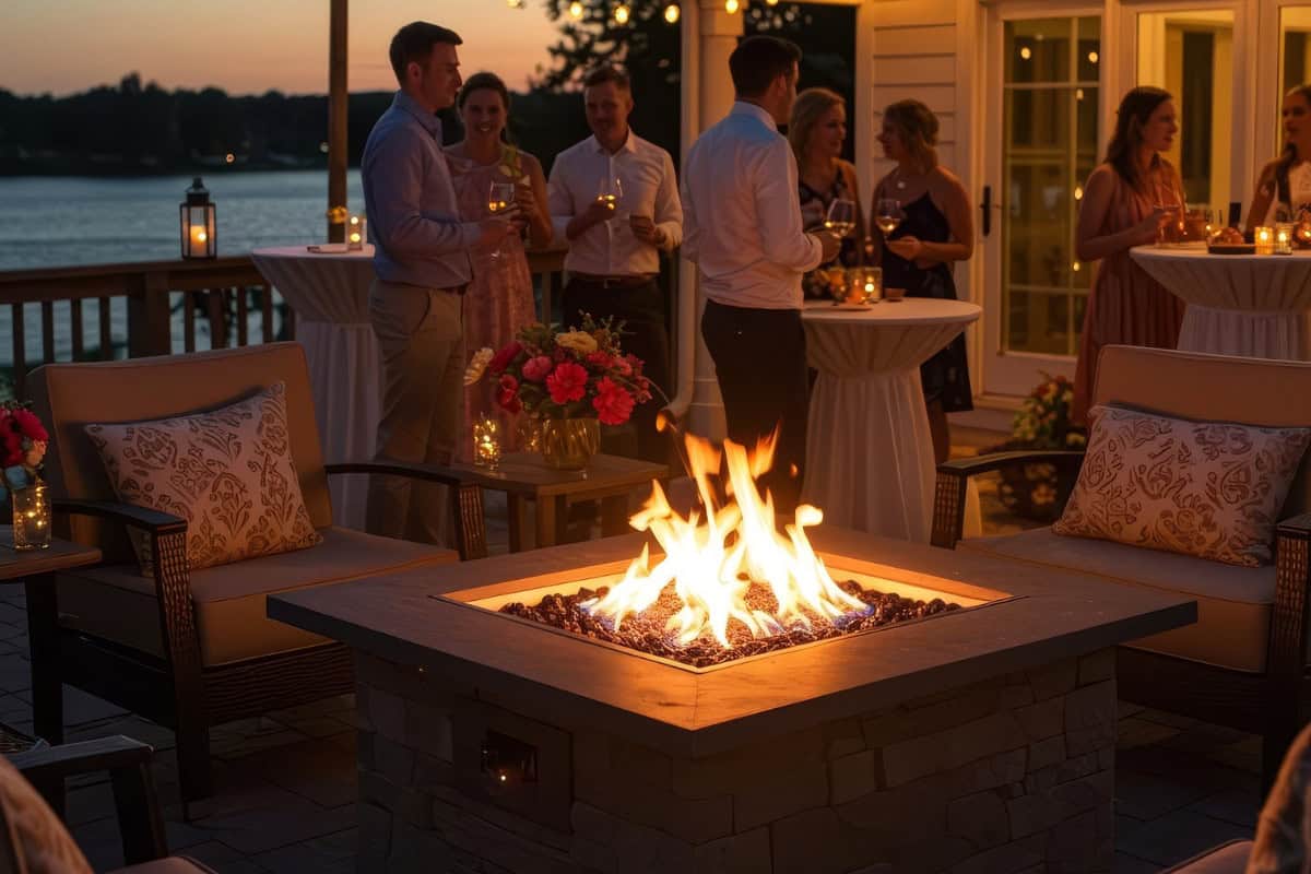 Choosing the Right Fire Pit for You Image of a burning natural gas fire pit at a patio party for a blog post about propane fire pits vs. natural gas.