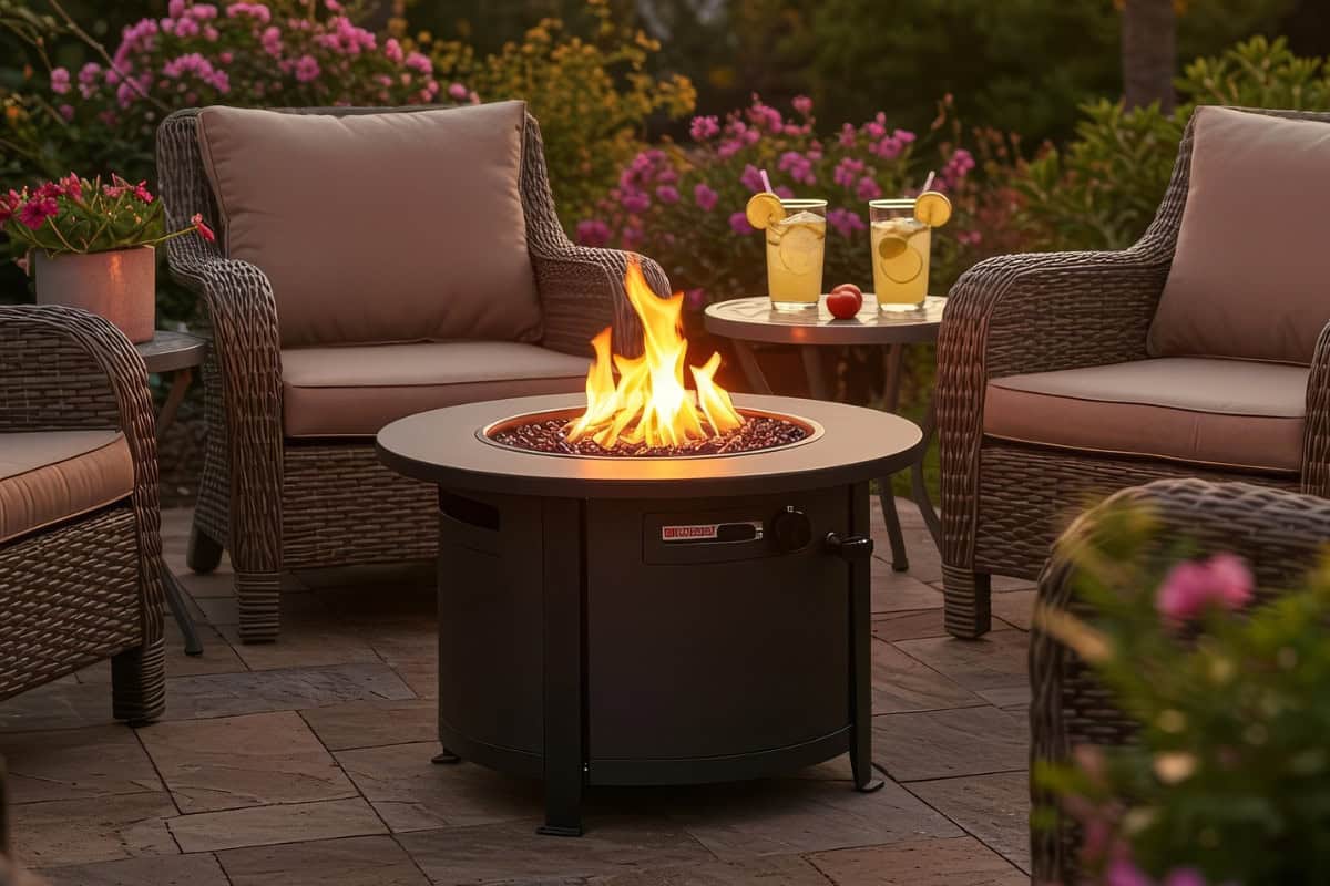 Wrap-up: Using a Propane Fire Pit vs. Natural Gas Image of a round portable propane fire pit on a patio for a blog post about using a propane fire pit vs. natural gas.