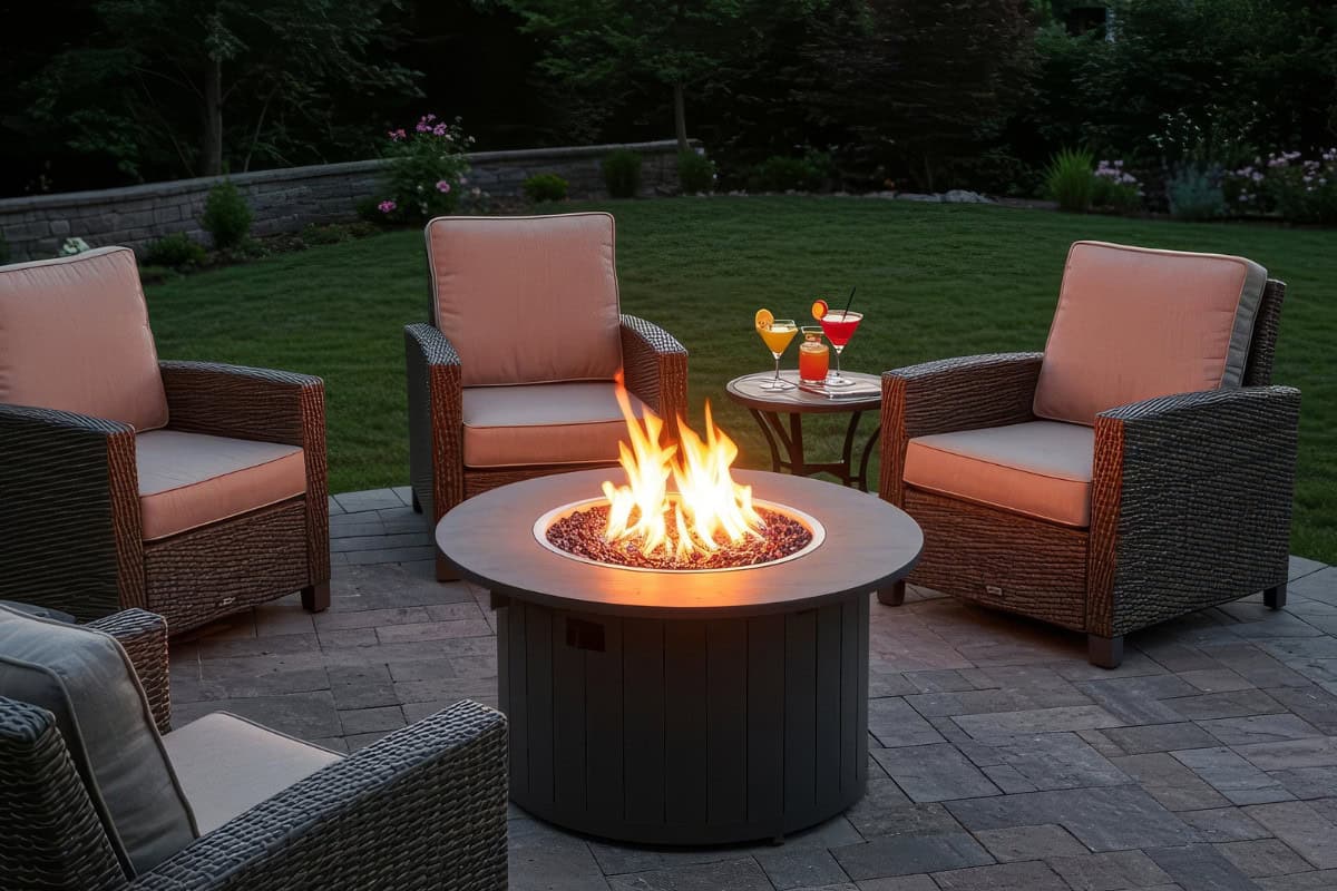 Understanding natural gas fire pits Image of a portable propane fire pit surrounded by chairs in a backyard.