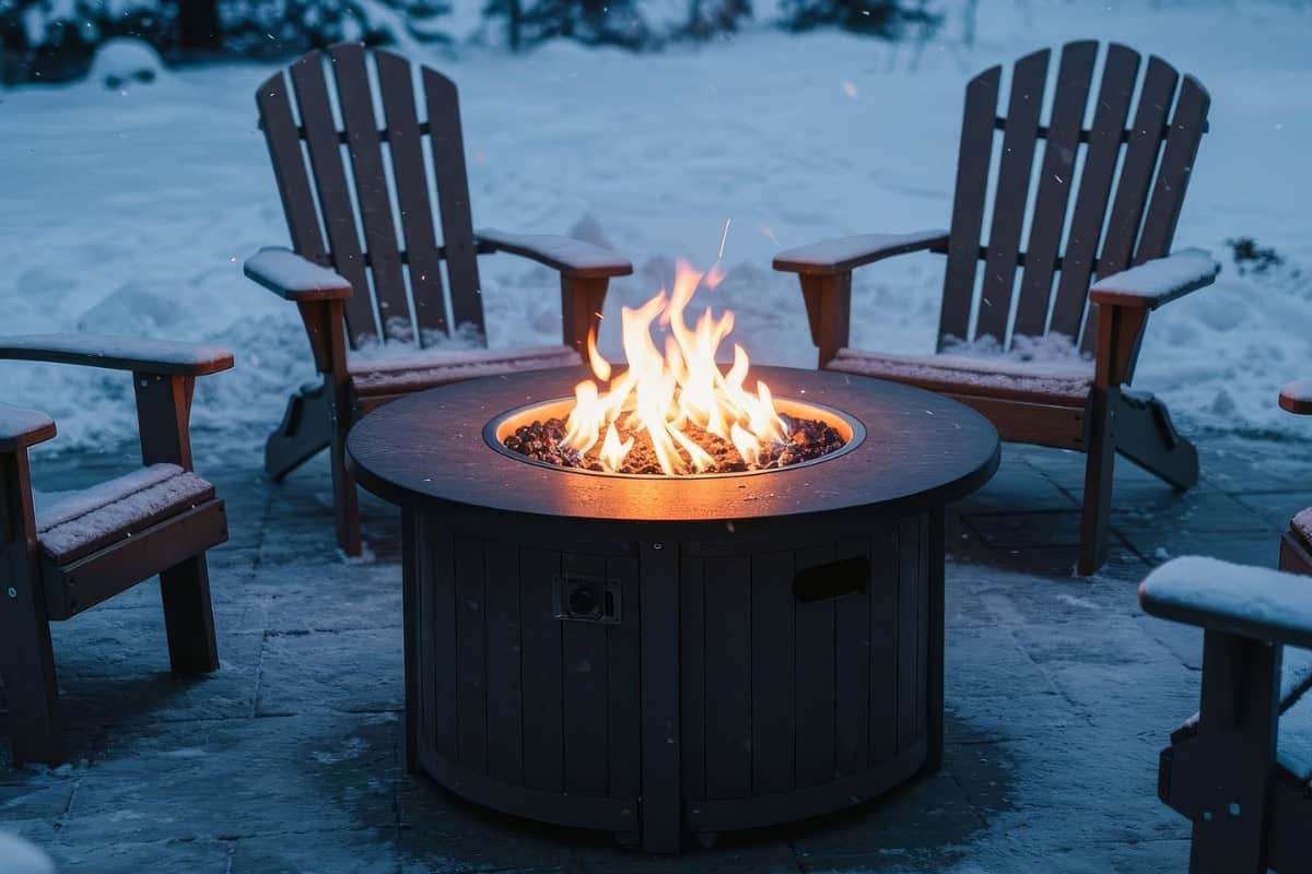 Propane Fire Pits vs. Natural Gas: Key Differences Image of a burning portable propane fire pit on a wintery day.