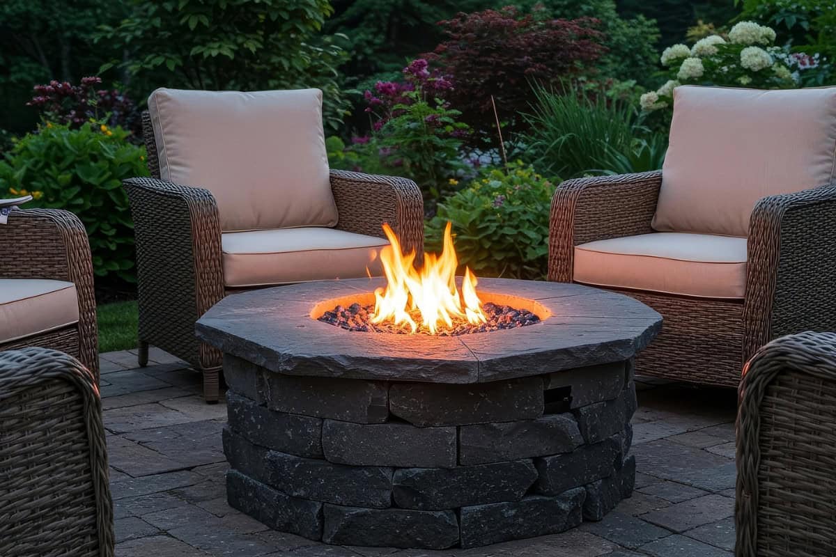 Propane Fire Pits vs. Natural Gas Image of a fixed natural gas fire pit for a blog post comparing a propane fire pit vs. natural gas fire pit.