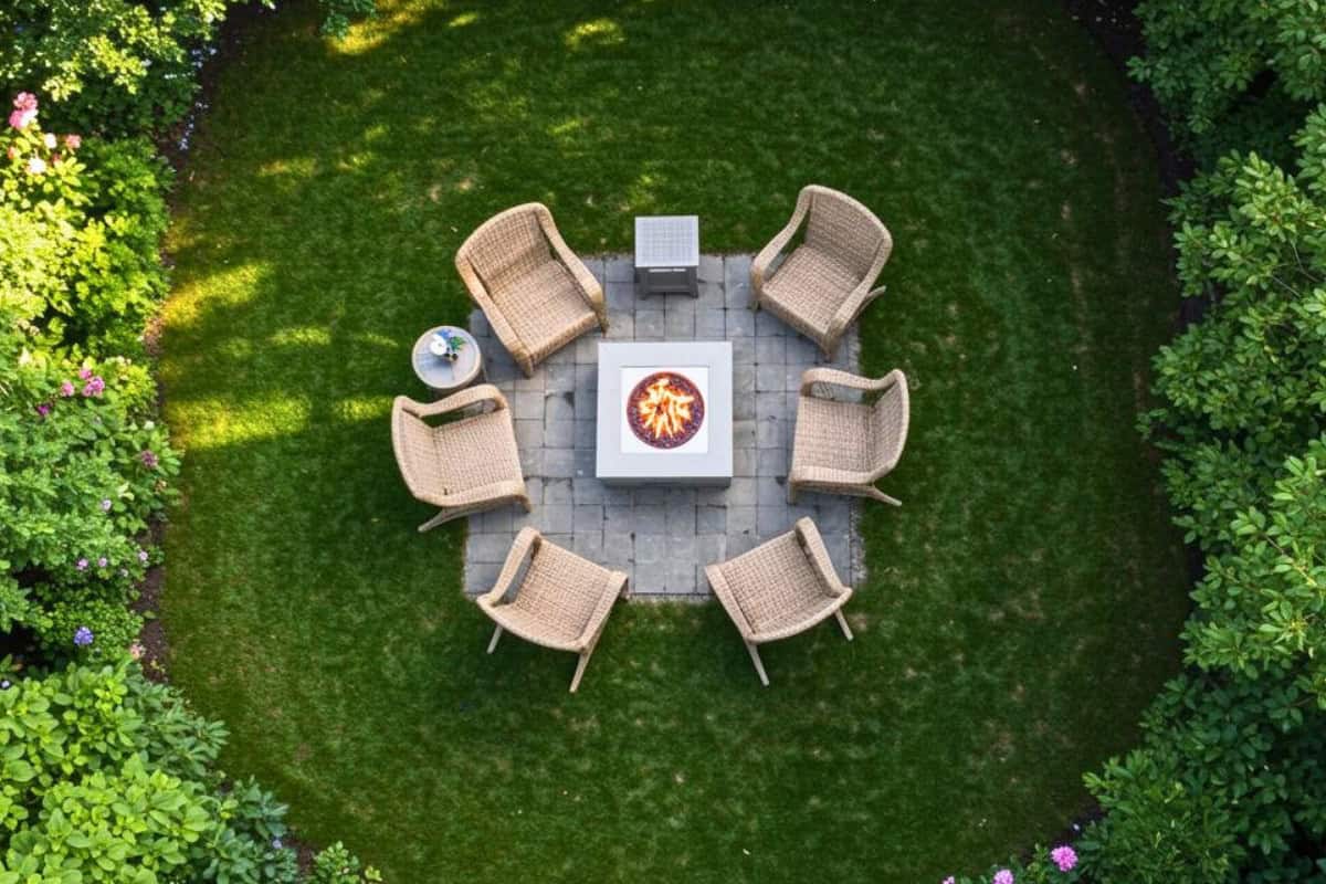 Understanding propane fire pits Image of a square propane fire pit and chairs from above.