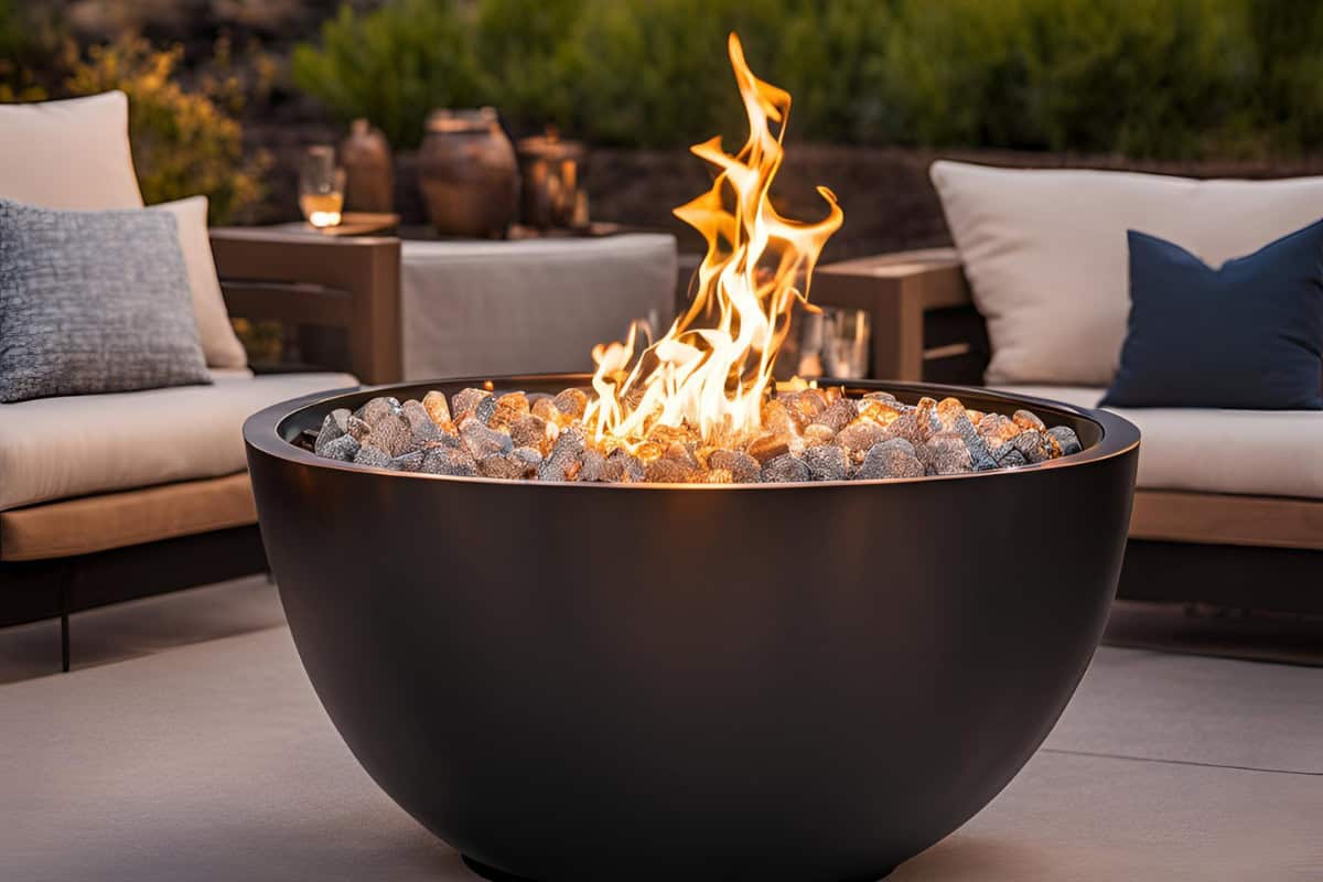 how-do-gas-fire-pits-work-understanding Image of a burning gas fire pit at dusk.