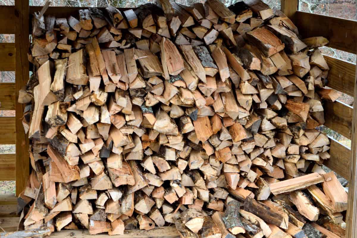fire-pit-firewood-buyers-guide-storage Image of a cord of firewood stored in a covered shed.