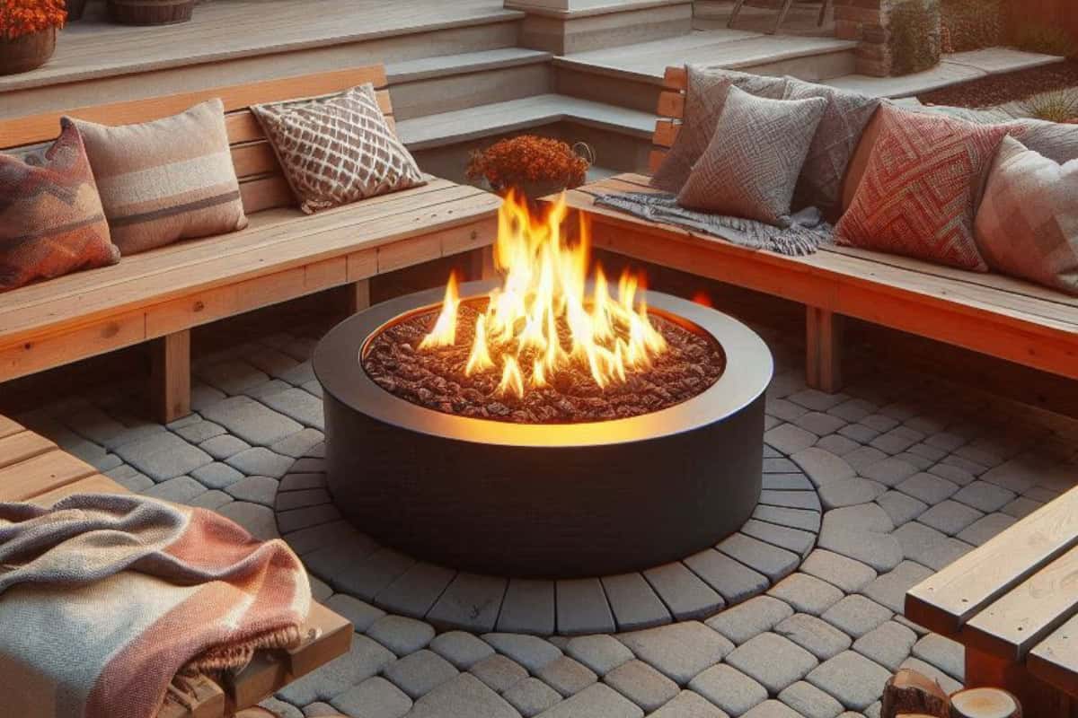 fire-pit-seating-ideas-comfort-style Image of wood benches and pillows on each side of a gas fire pit.