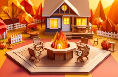 Image of an origami style representation of a backyard fire pit area for an article covering fire pit seating ideas.