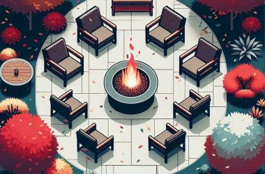 Image in pixel style of a gas fire pit surrounded by chairs for a blog post asking the question, "do gas fire pits provide heat?"