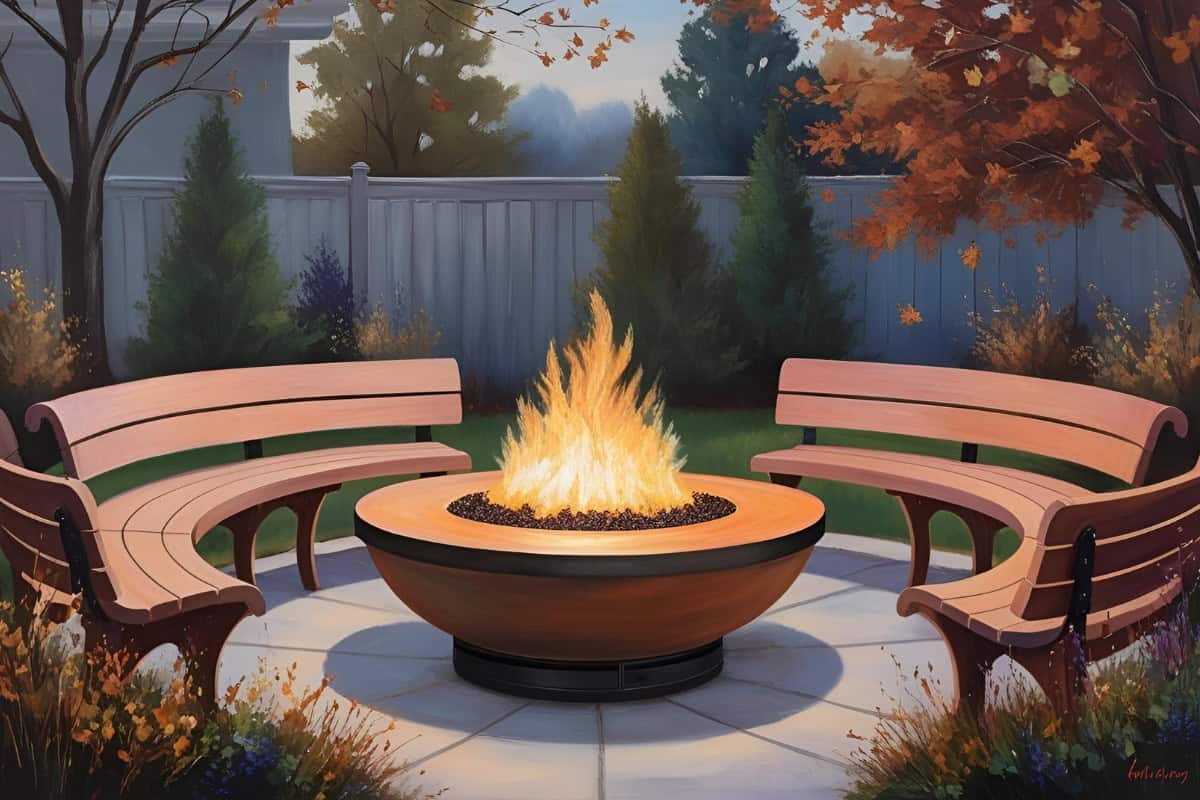 gas-fire-pits-provide-heat-main Image of a gas fire pit with curved seating for a blog post asking the question, "do gas fire pits provide heat?"
