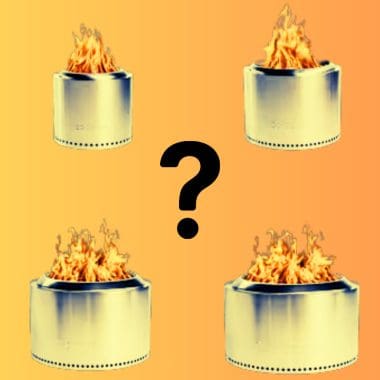 Image of a all four Solo Stove fire pit models with a question mark between them for a blog post discussing what size Solo Stove is best.