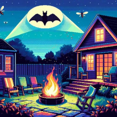 Image of a fire pit with an aerial signal of a bat for a blog post about using a bat how to keep mosquitoes away.