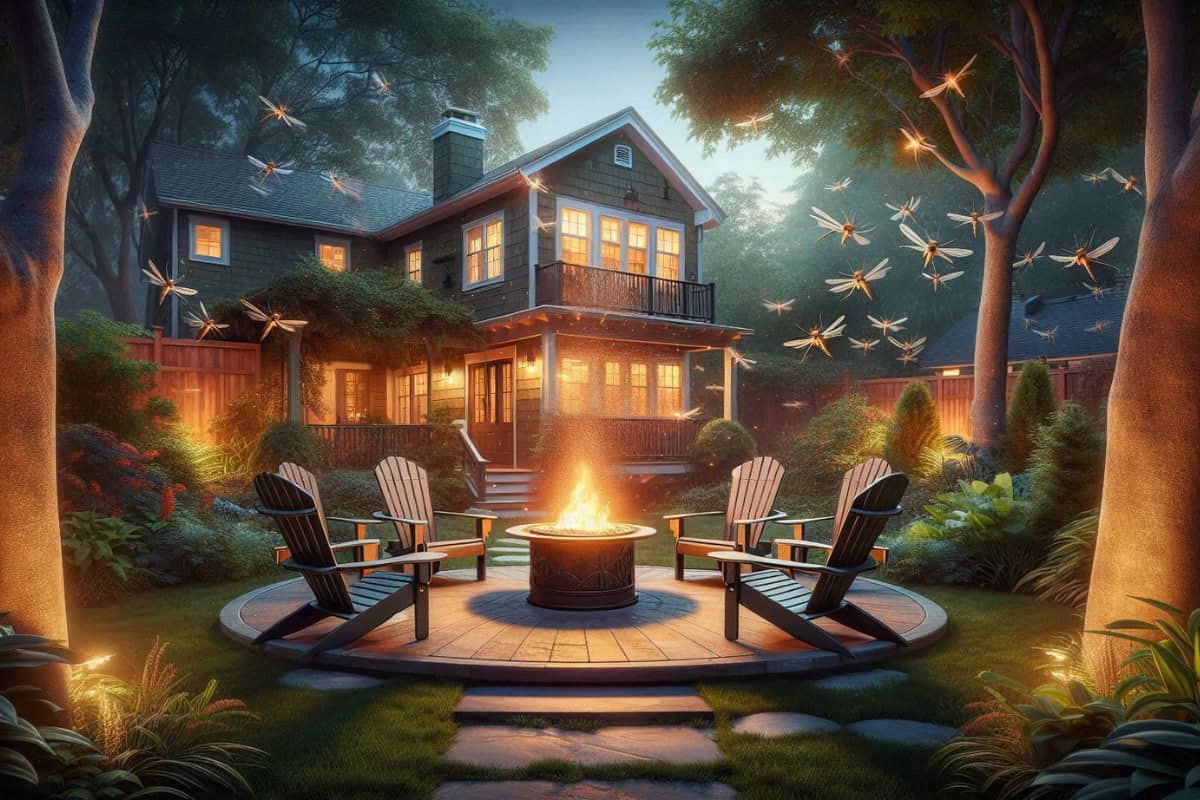 bat-house-to-keep-mosquitoes-away-main Fire pit with backyard seating and lit house in the background.