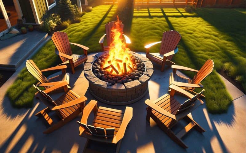 Image of a gas fire pit in a backyard for a blog post featuring a gas fire pit BTU calculator.