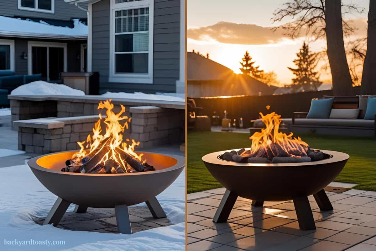 measure-for-a-fire-pit-cover-seasonal Image of two fire pits, one in winter and one in summer.