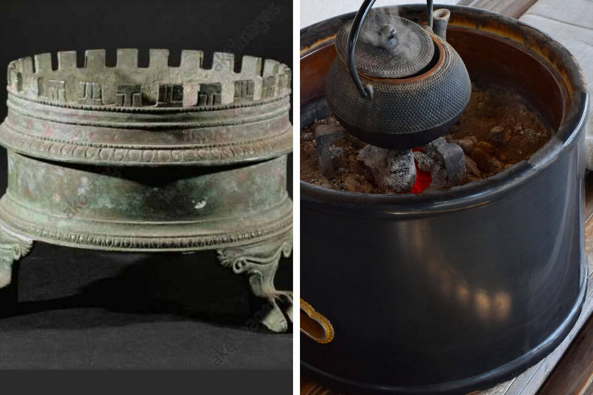 fire-pit-history-innovation Image of an ancient Roman brazier and a Japanese hibachi side by side.