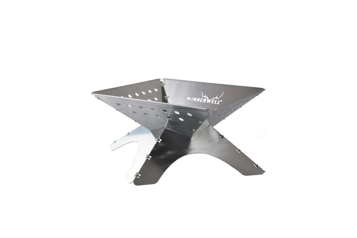 best-portable-fire-pits-winnerwell-flatfold Stovetop fire pit with a modern stainless steel design, perfect for outdoor backyard heating and ambiance. Ideal for camping, patio, or backyard gatherings. Durable and portable for outdoor use.