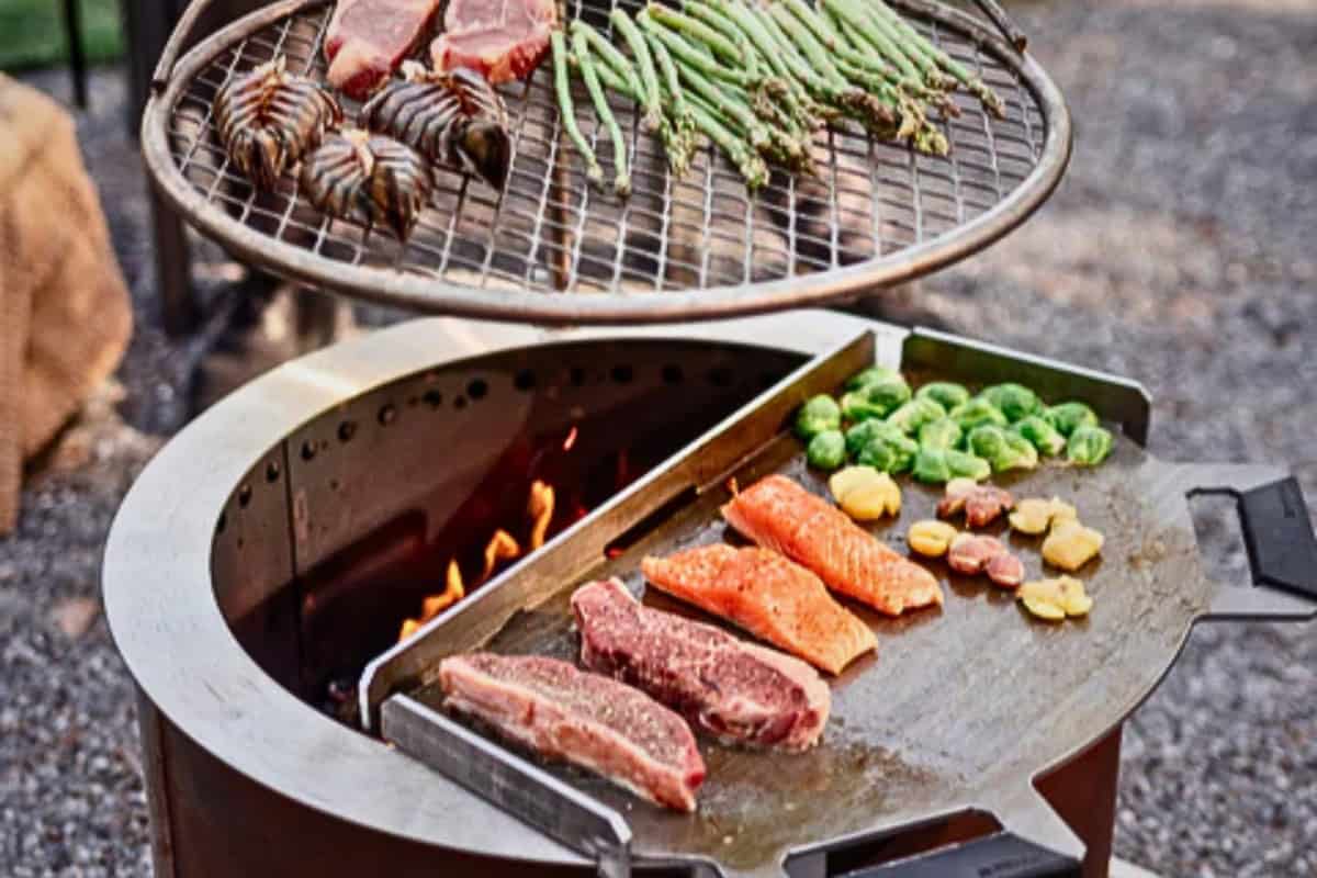 best-fire-pit-for-suburban-backyard-main Juicy steaks, salmon fillets, and fresh vegetables grilling over an open flame on a portable outdoor stove. Perfect for backyard barbecue sessions and outdoor cooking enthusiasts.