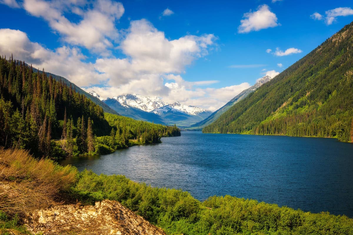 Image of Duffy Lake and surrounding mountains in British Columbia.
