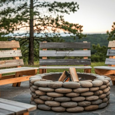 Image of a stone fire pit round and wood benches for an article covering